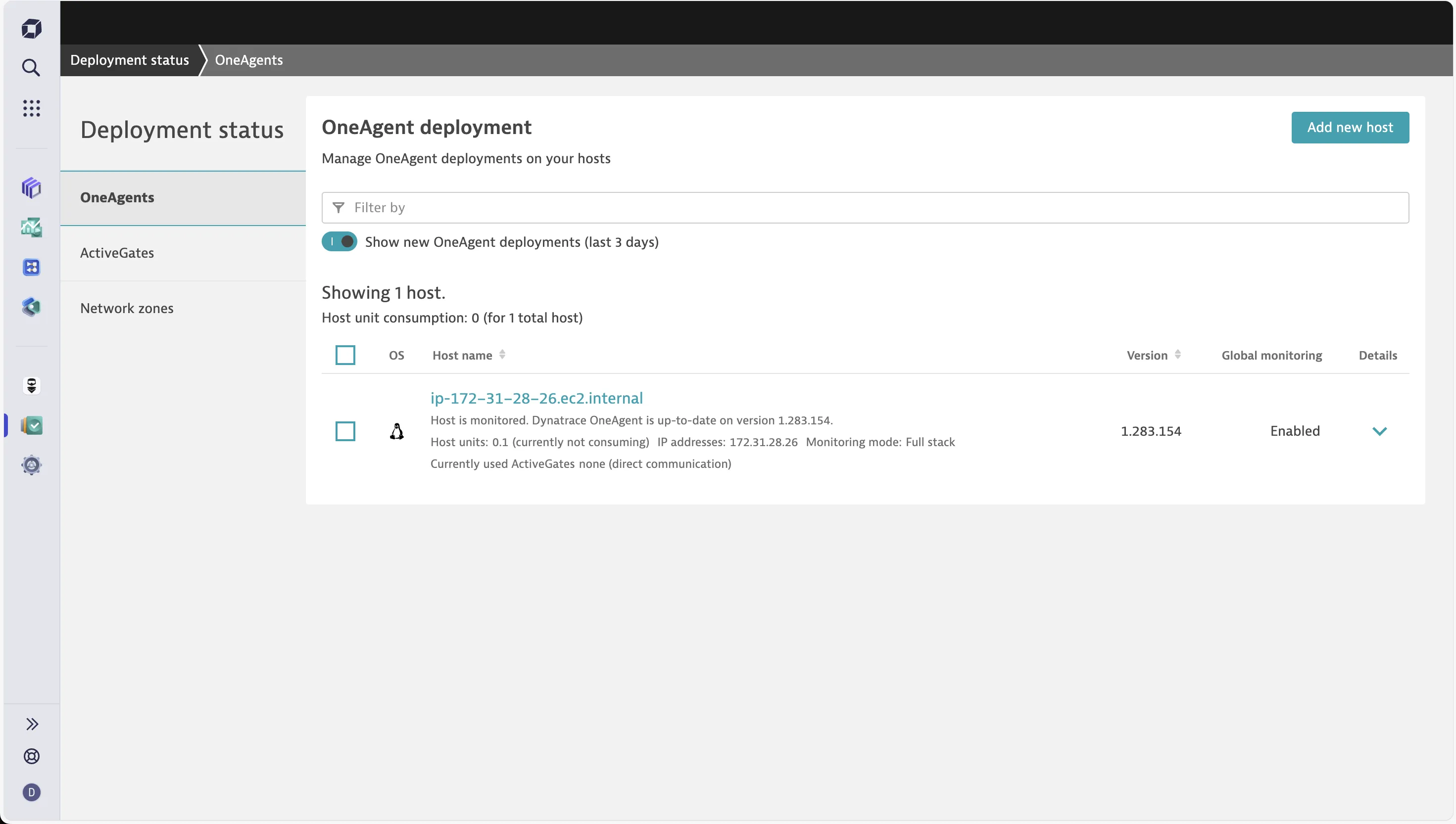 Dynatrace OneAgent showing a single EC2 host