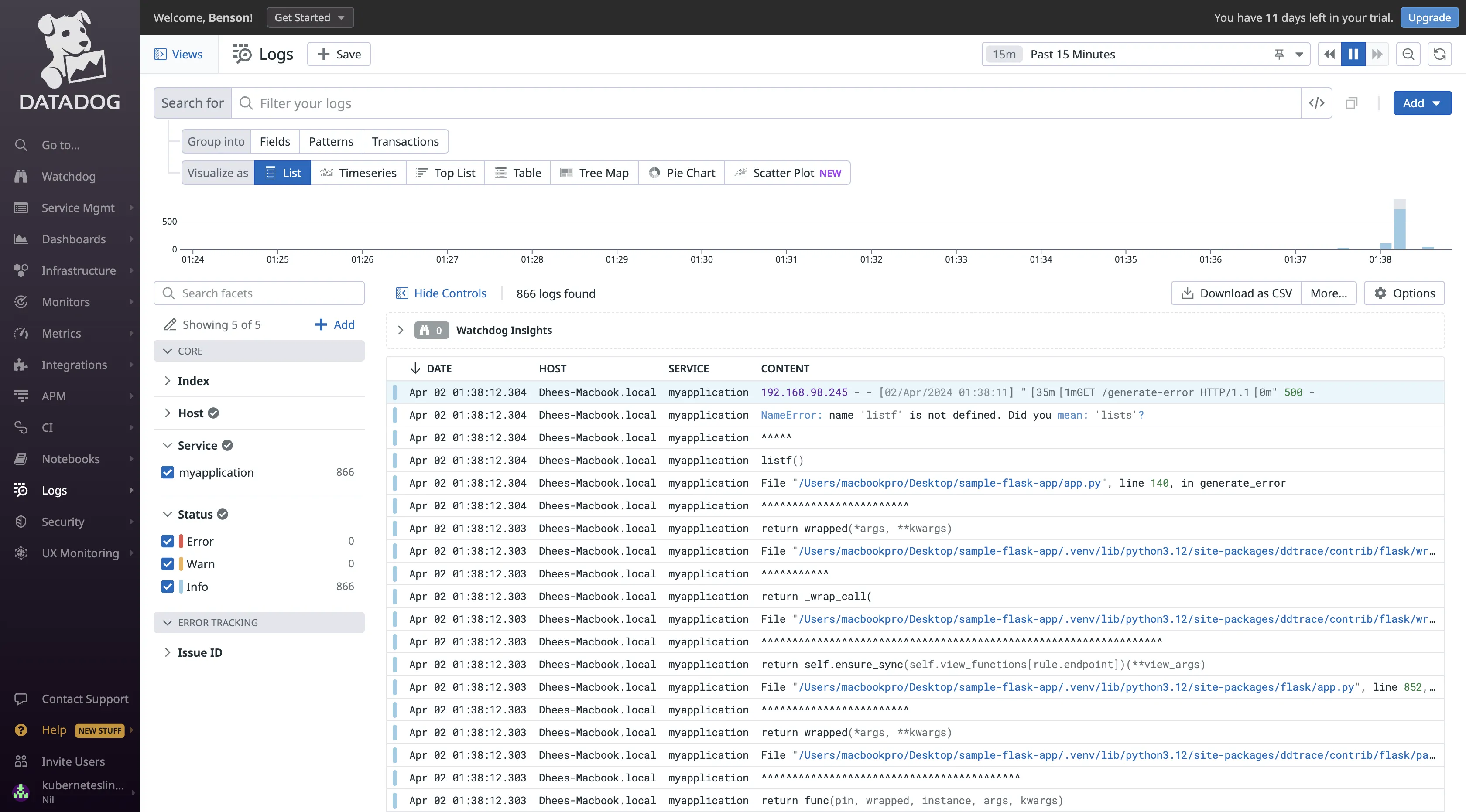 Live streaming of application logs