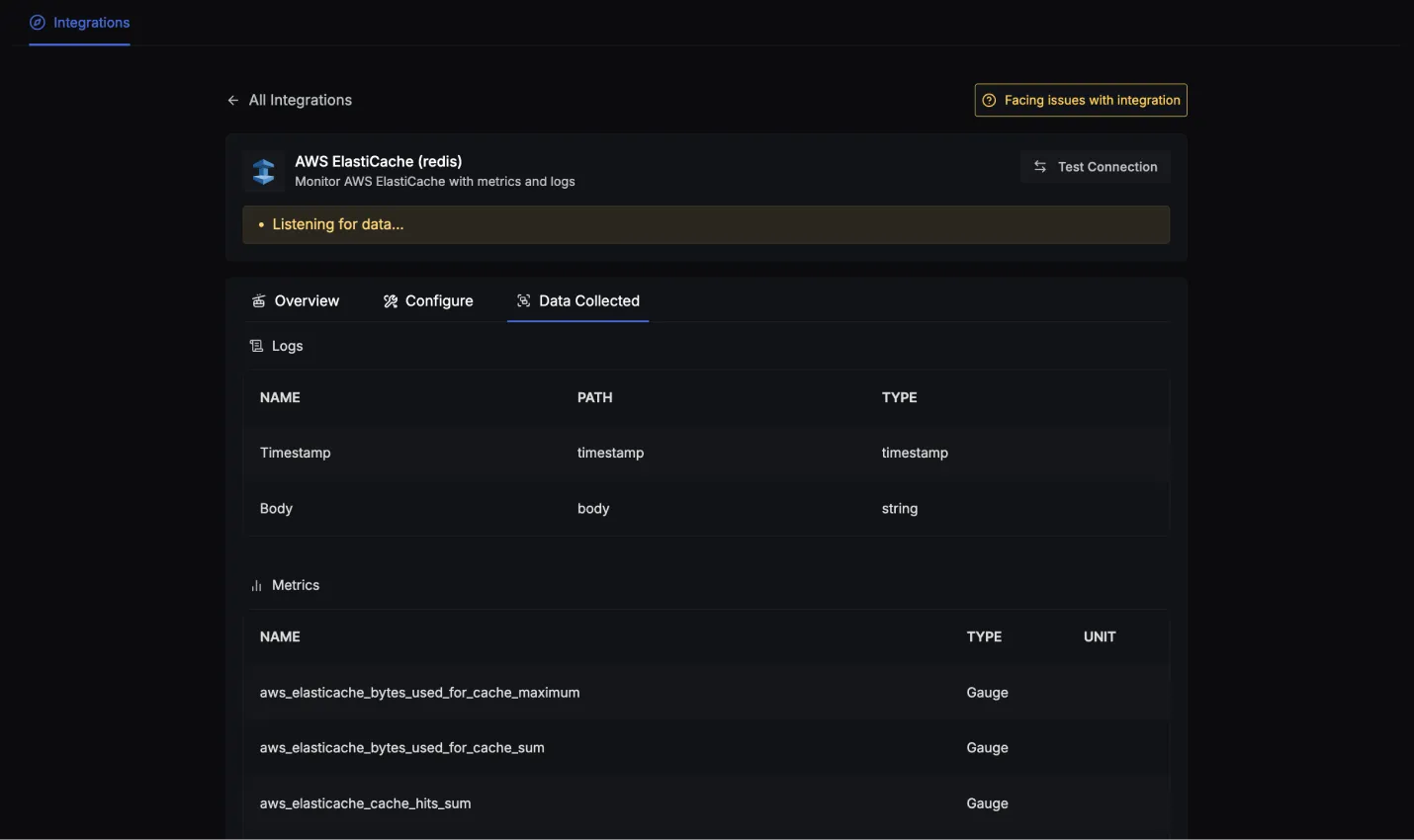 Log attributes and metrics details for AWS Elasticache (redis)