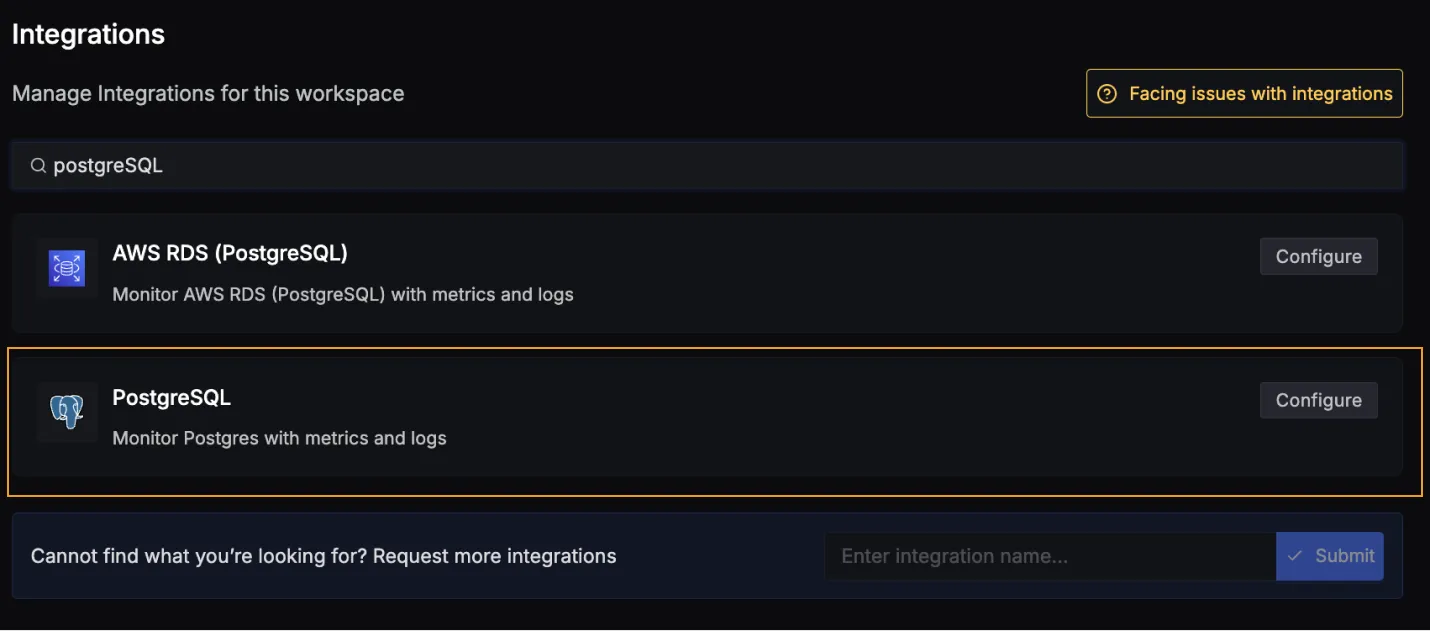 Search for PostgreSQL in Integrations tab