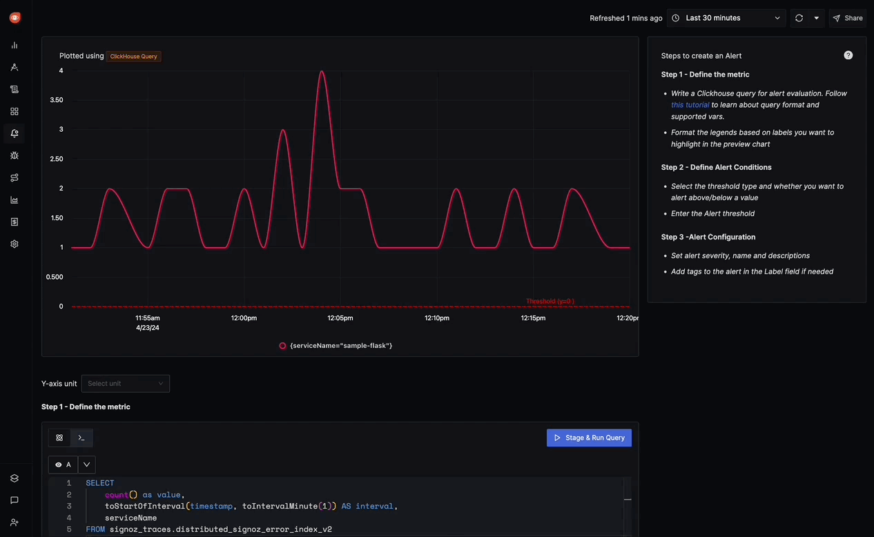 A gif of Exceptions Based alerts example in SigNoz