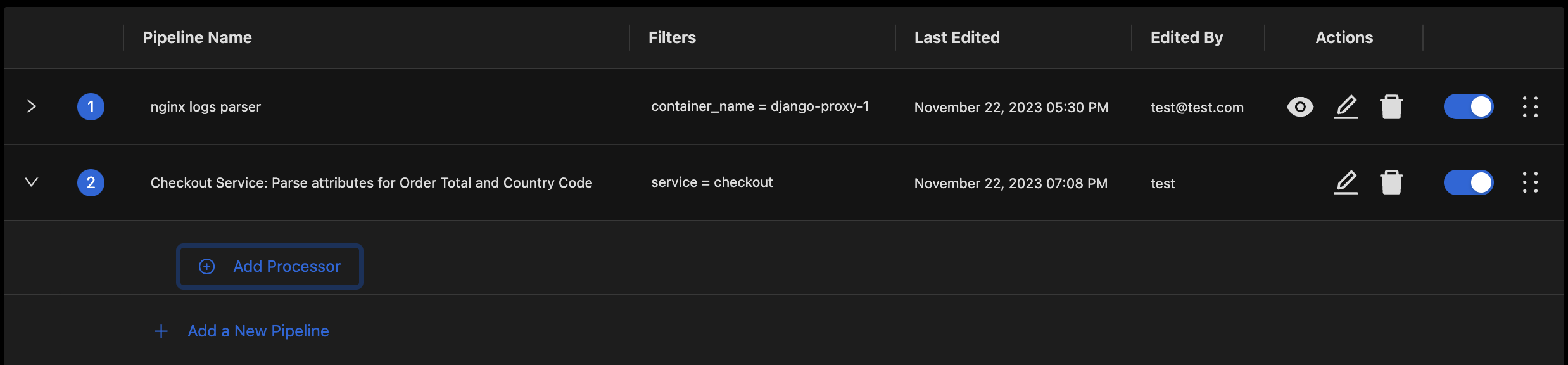 Expanding a pipeline shows the Add Processor button